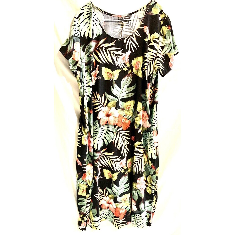 Mango Island Fashions Hawaiian black floral pink hibiscus sheath dress X large